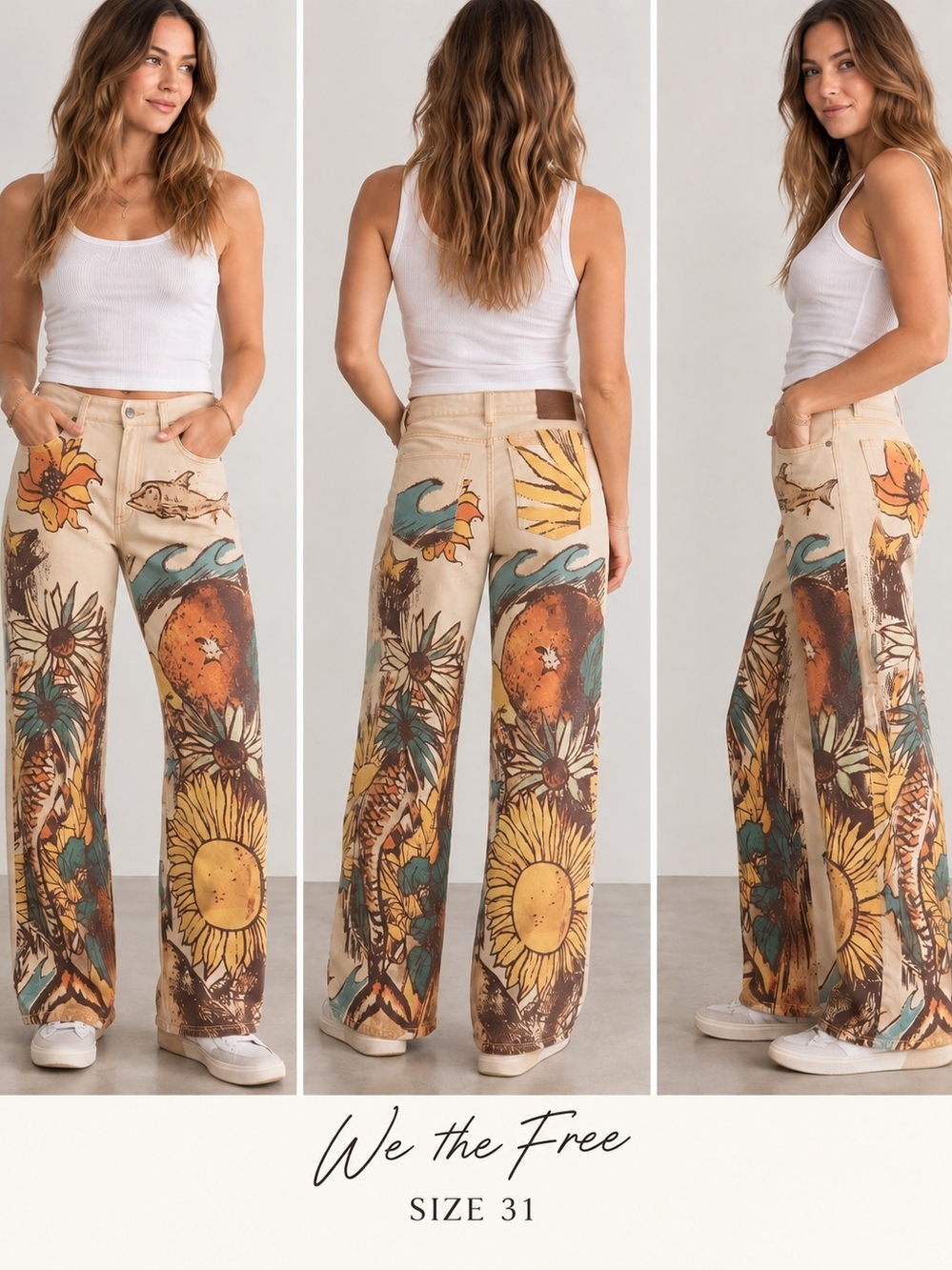 We The Free Beige Multi Sunflower & Surf Wide-Leg Pants
